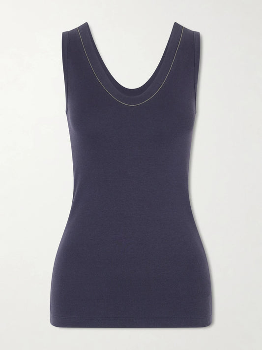 Image of a model wearing Tops. Product name - Bead-embellished Ribbed Cotton-blend Jersey Tank in Navy colour by brand - Brunello Cucinelli