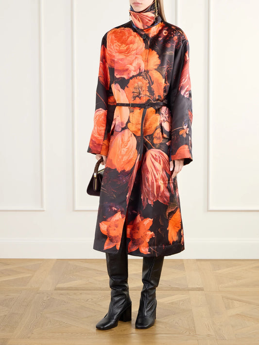 Image of Coats & Jackets. Product name - Belted Floral-print Duchess-satin Coat in Orange colour by brand - Dries Van Noten
