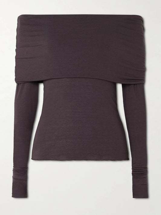 Image of Sleepwear & Loungewear. Product name - Sheer Modal-blend Off-shoulder Long-sleeve Top - Phoenix in Brown colour by brand - SKIMS