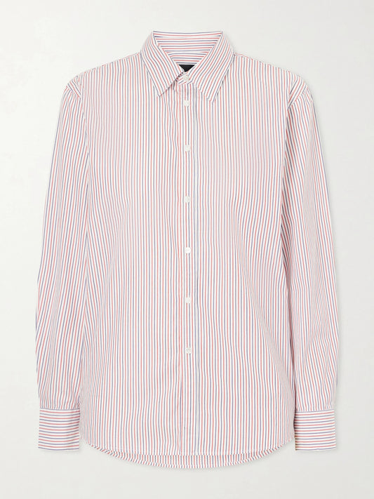 Image of a model wearing Tops. Product name - Raphael Striped Cotton Shirt in Pink colour by brand - Nili Lotan