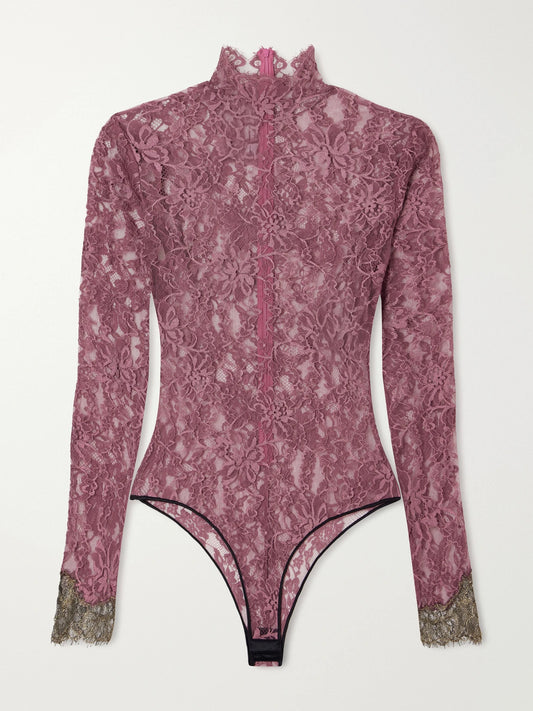 Image of a model wearing Tops. Product name - Scalloped Lace-jersey Bodysuit in Burgundy colour by brand - Valentino Garavani
