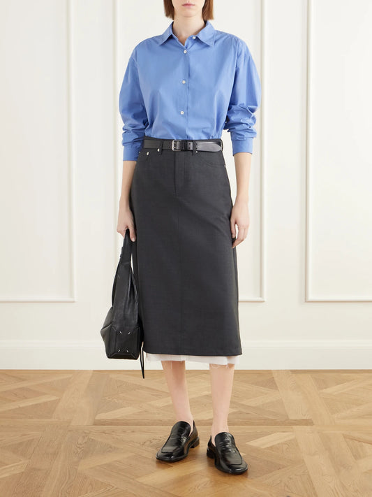 Image of a model wearing Skirts. Product name - Rivet Layered Wool-fresco Midi-skirt in Dark gray colour by brand - MFPEN