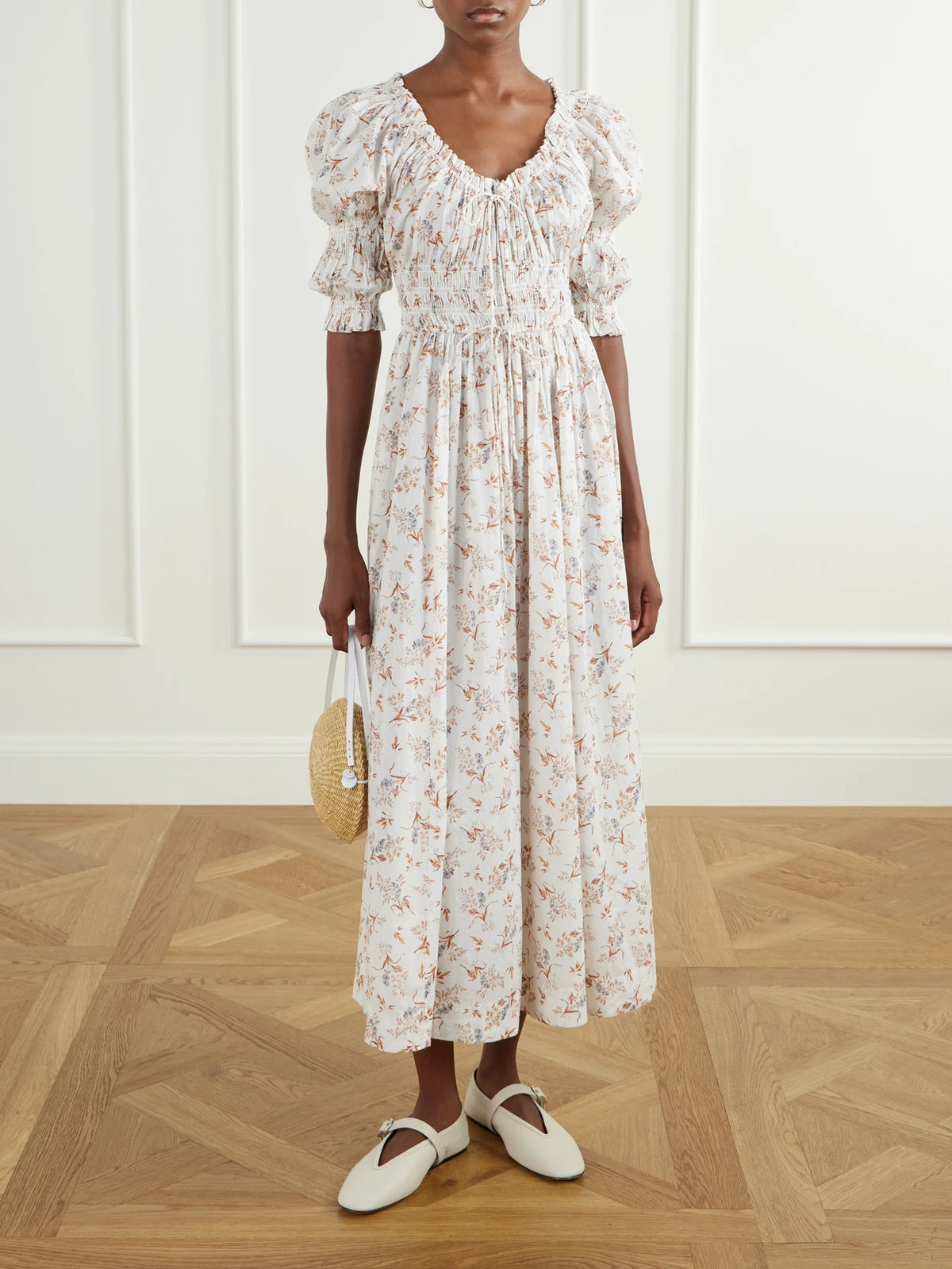 Image of Dresses. Product name - Ischia Floral-print Gathered Organic Cotton-voile Midi Dress in Cream colour by brand - DÔEN