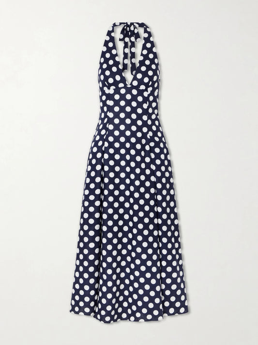 Image of Dresses. Product name - Murano Polka-dot Linen Halterneck Midi Dress in Navy colour by brand - Faithfull