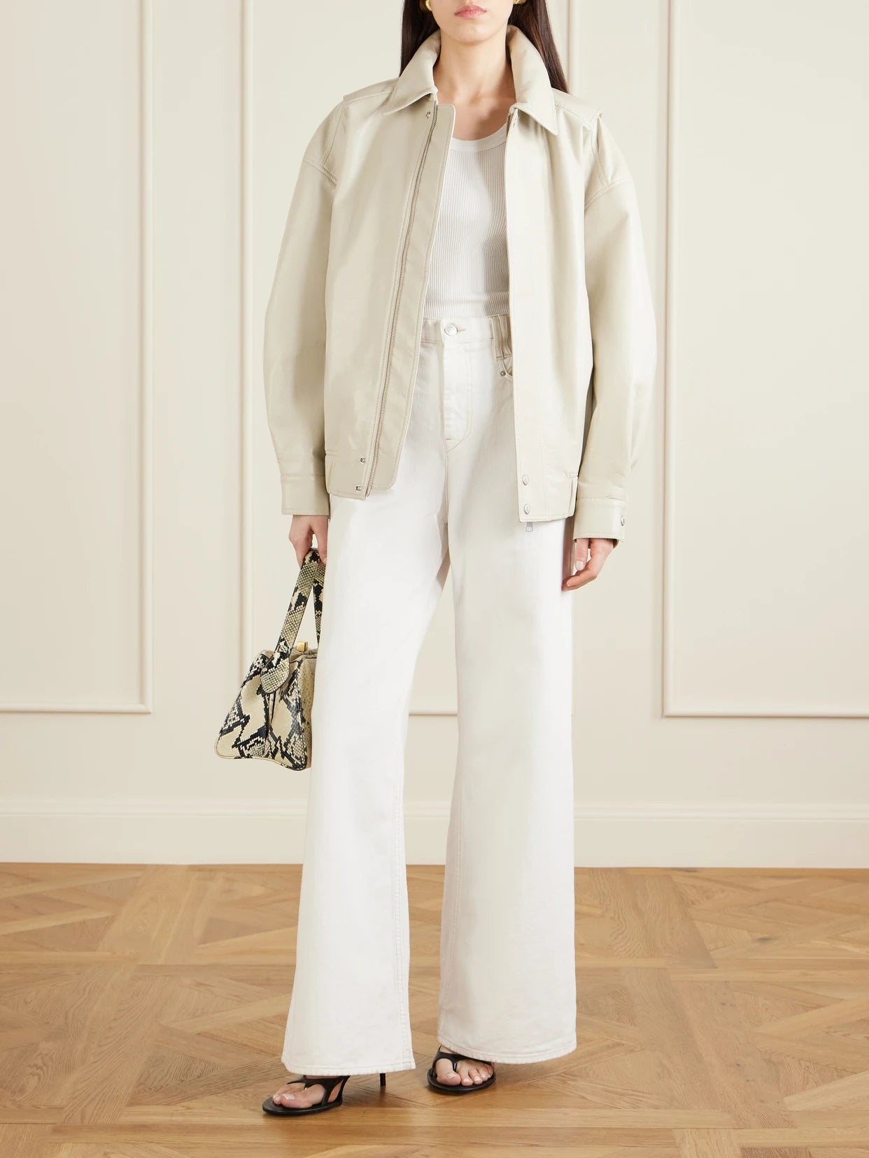 Image of Coats & Jackets. Product name - Aston Recycled Leather-blend Bomber Jacket in Off-white colour by brand - AGOLDE