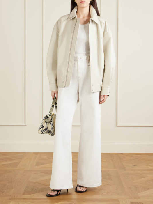 Image of Coats & Jackets. Product name - Aston Recycled Leather-blend Bomber Jacket in Off-white colour by brand - AGOLDE