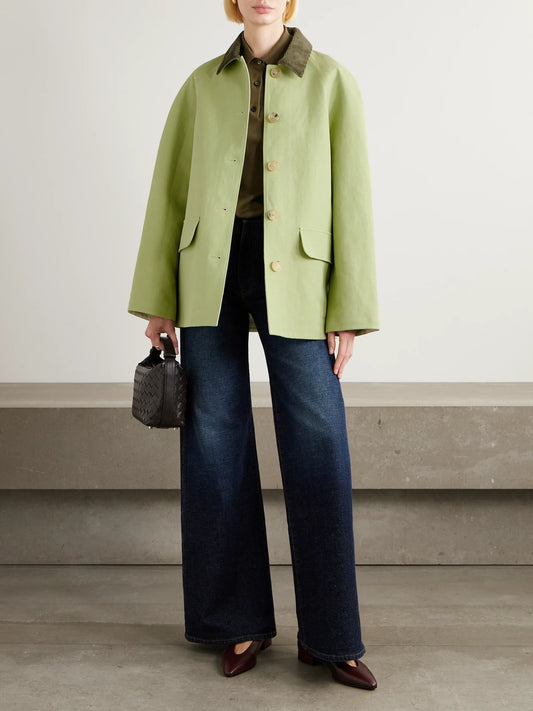 Image of Coats & Jackets. Product name - Broderick Corduroy-trimmed Linen And Silk-blend Coat in Sage green colour by brand - Loro Piana