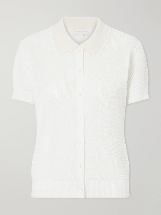 Image of a model wearing Outerwear. Product name - Open-knit Cotton Polo Shirt in White colour by brand - Stella McCartney