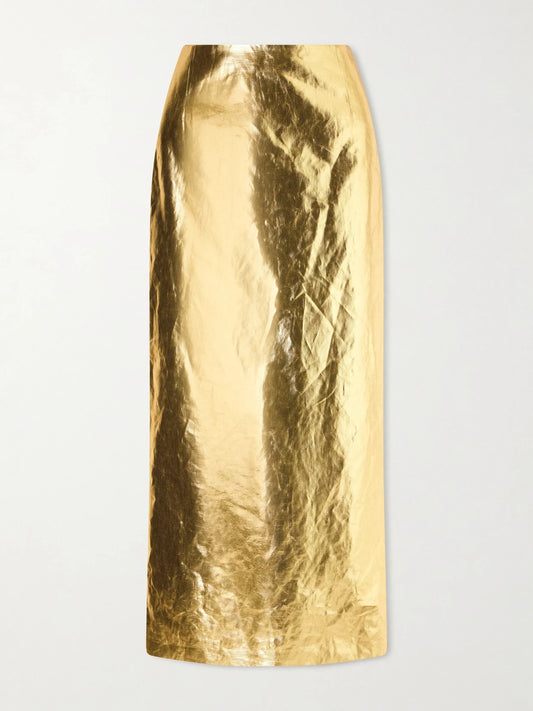Image of a model wearing Skirts. Product name - Manuela Linen Midi Skirt in Gold colour by brand - Gabriela Hearst