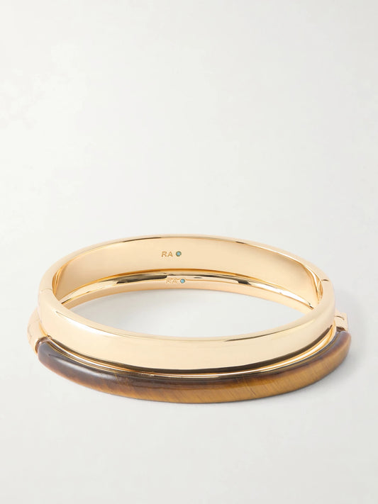 The Classic Stone Hinge Set Of Two Gold-tone Tiger's Eye Bangles