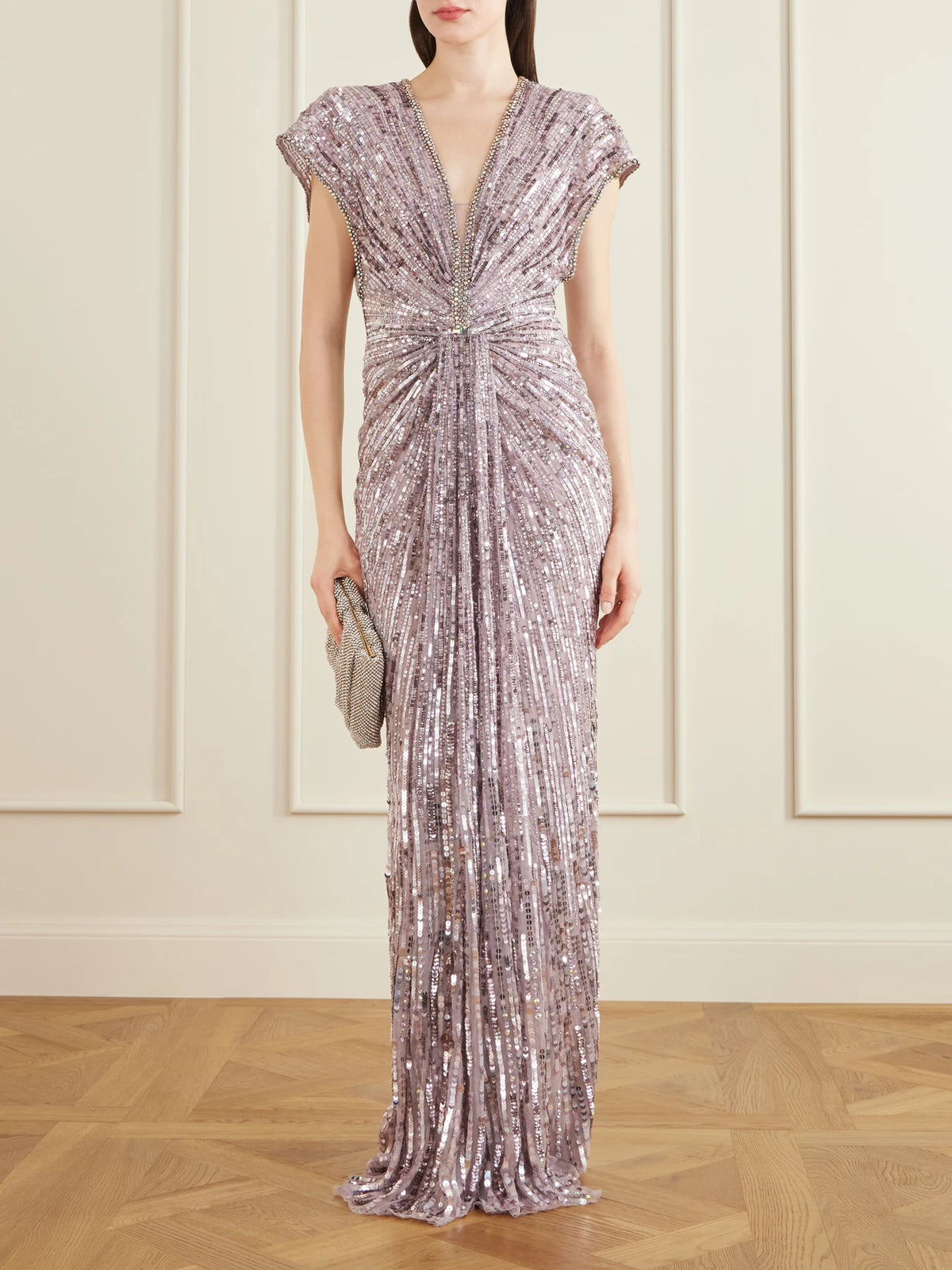 Image of Dresses. Product name - Zola Twisted Crystal-embellished Sequined Tulle Gown in Lavender colour by brand - Jenny Packham