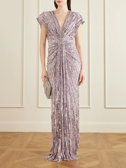 Image of Dresses. Product name - Zola Twisted Crystal-embellished Sequined Tulle Gown in Lavender colour by brand - Jenny Packham