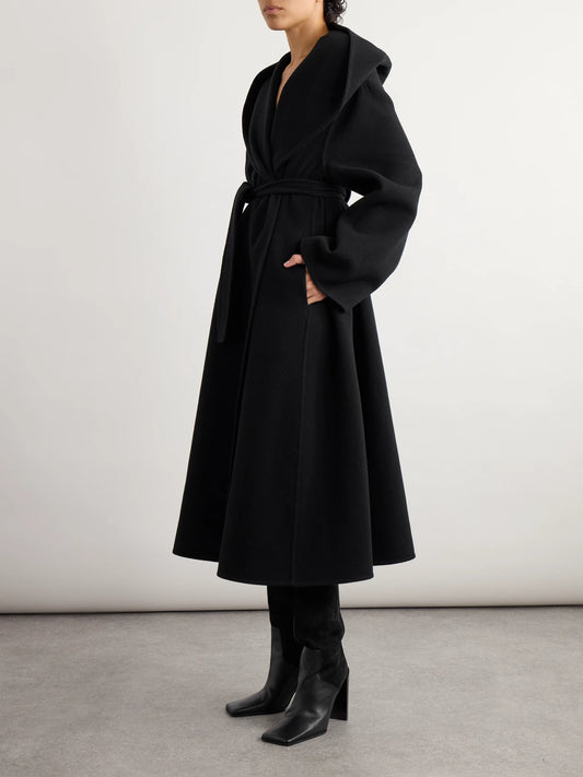 Image of Coats & Jackets. Product name - Hooded Belted Wool Coat in Black colour by brand - Alaïa