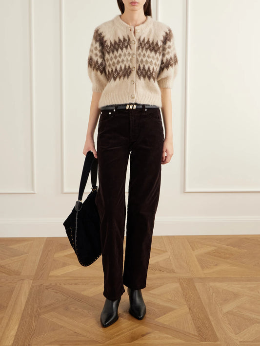 Image of a model wearing Pants. Product name - Palma Cotton-blend Corduroy Straight-leg Pants in Brown colour by brand - Citizens of Humanity