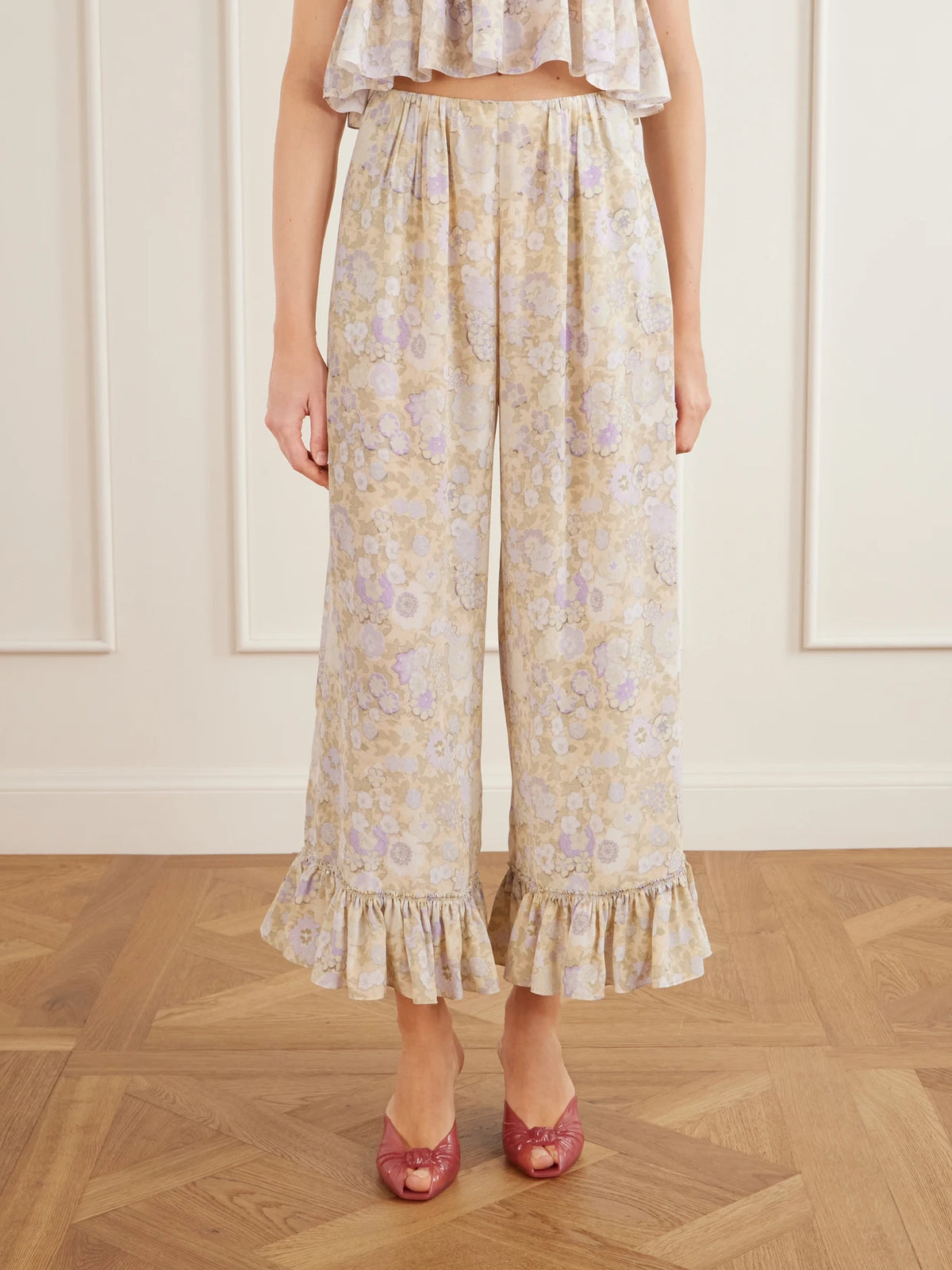 Ruffled Floral-print Silk-charmeuse Wide-leg Pants