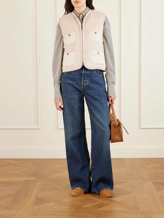 Image of Coats & Jackets. Product name - Mimosas Shell-trimmed Fleece Down Vest in Beige colour by brand - Moncler