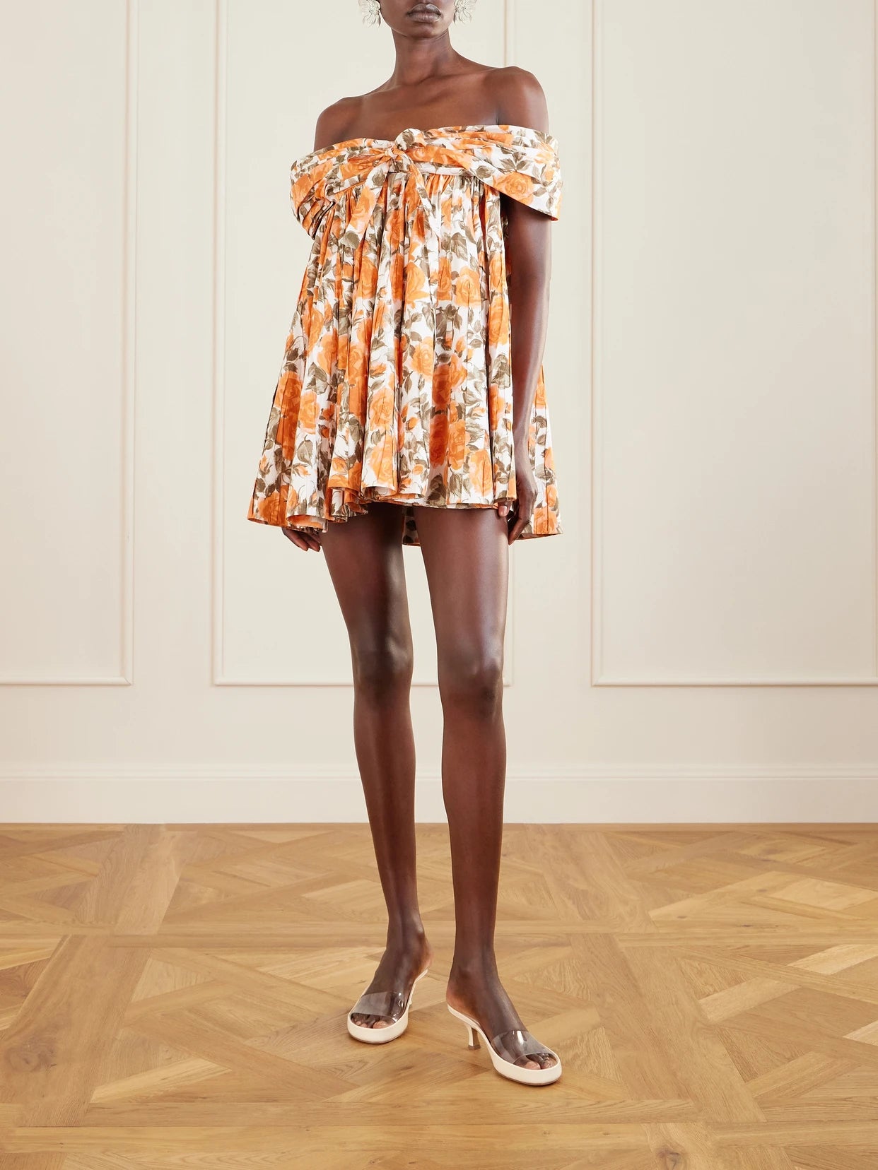 Image of Dresses. Product name - Off-the-shoulder Gathered Floral-print Cotton-poplin Mini Dress in Orange colour by brand - Chloé