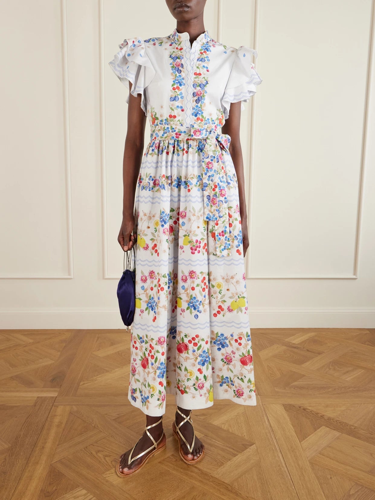 Image of Dresses. Product name - Belted Floral-print Cotton-blend Midi Dress in Multi colour by brand - Mary Katrantzou