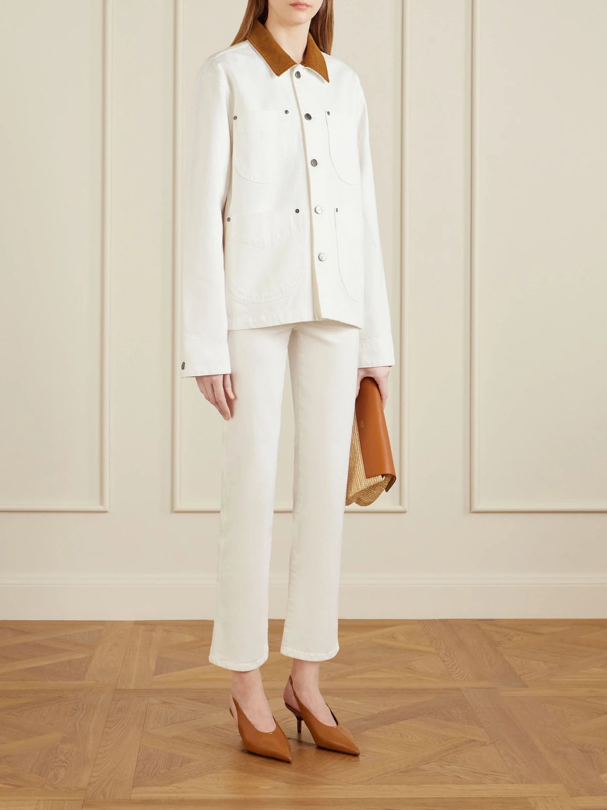 Image of Coats & Jackets. Product name - Wyatt Corduroy-trimmed Denim Jacket in White colour by brand - KHAITE