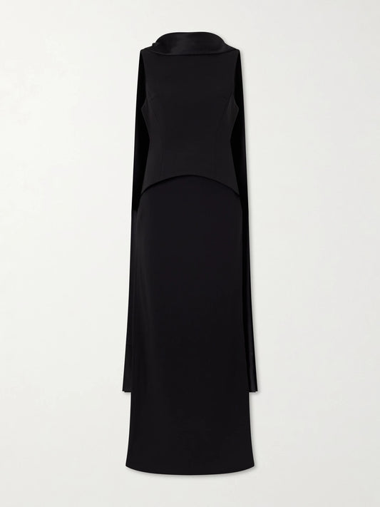 Image of Dresses. Product name - Annie Scarf-detailed Satin-trimmed Crepe Gown in Black colour by brand - Solace London