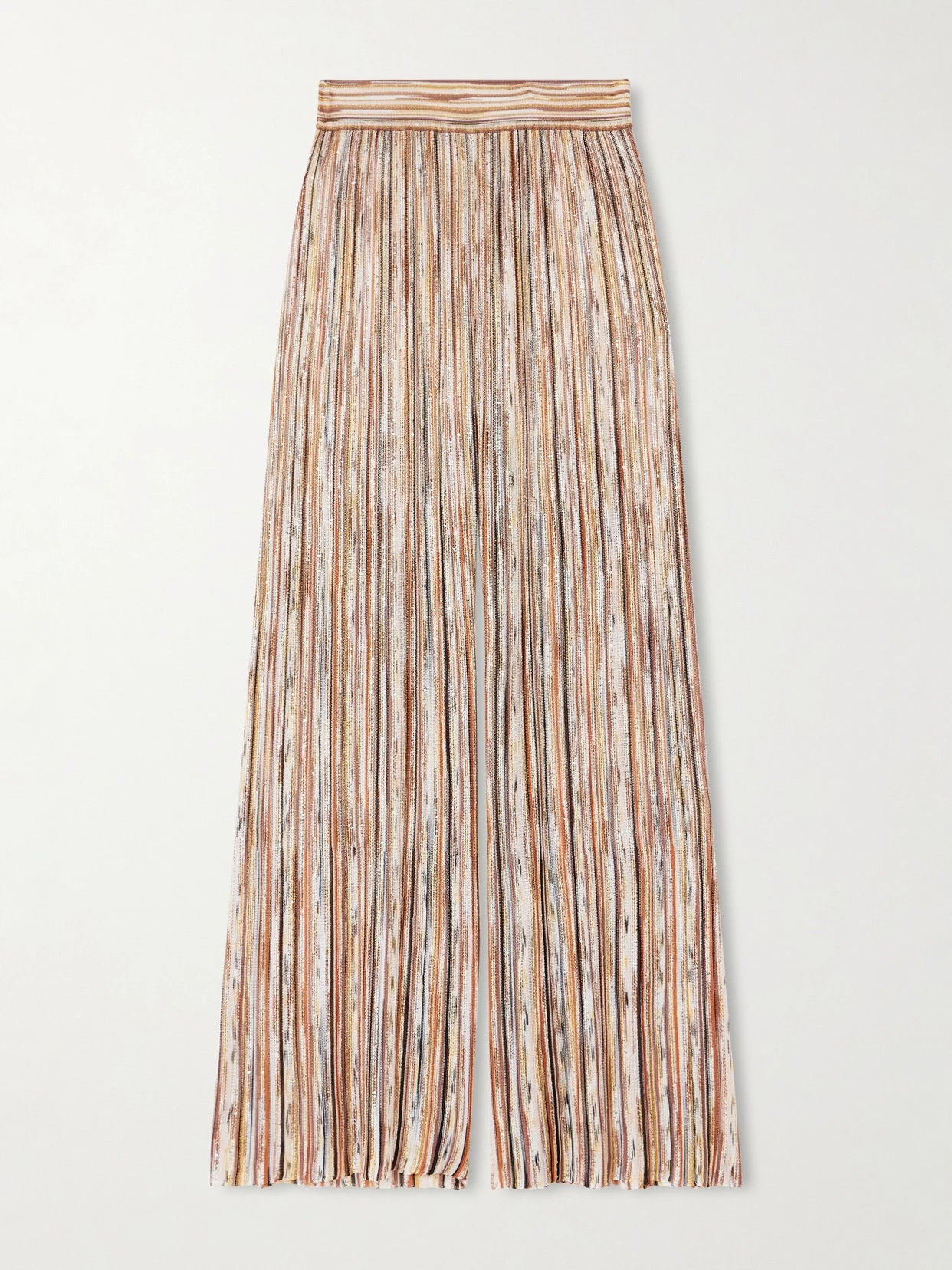 Image of a model wearing Pants. Product name - Mare Embellished Metallic Crochet-knit Wide-leg Pants in Brown colour by brand - Missoni