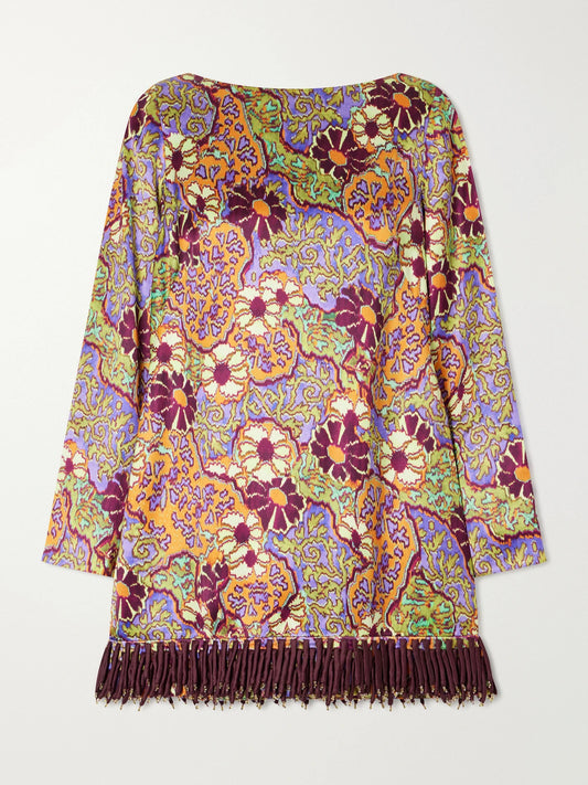 ALÉMAIS Floral-print Fringed Satin Mini Dress