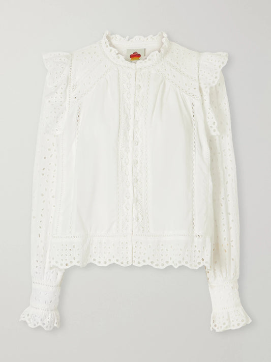Farm Rio Ruffled Broderie Anglaise-trimmed Cotton Blouse