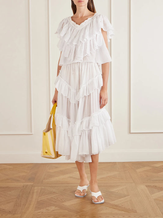 Image of a model wearing Skirts. Product name - Ruffled Tiered Cotton-voile Midi Skirt in White colour by brand - Chloé
