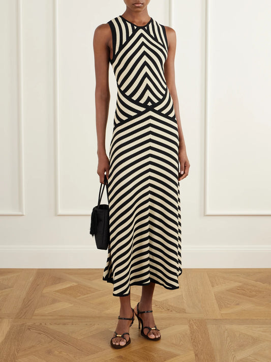 Image of Dresses. Product name - Valiant Deco Striped Ribbed Jersey Midi Dress in Black colour by brand - Zimmermann