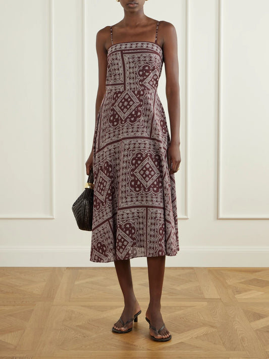 Image of Dresses. Product name - Kitt Printed Cotton-blend Voile Midi Dress in Burgundy colour by brand - Veronica Beard