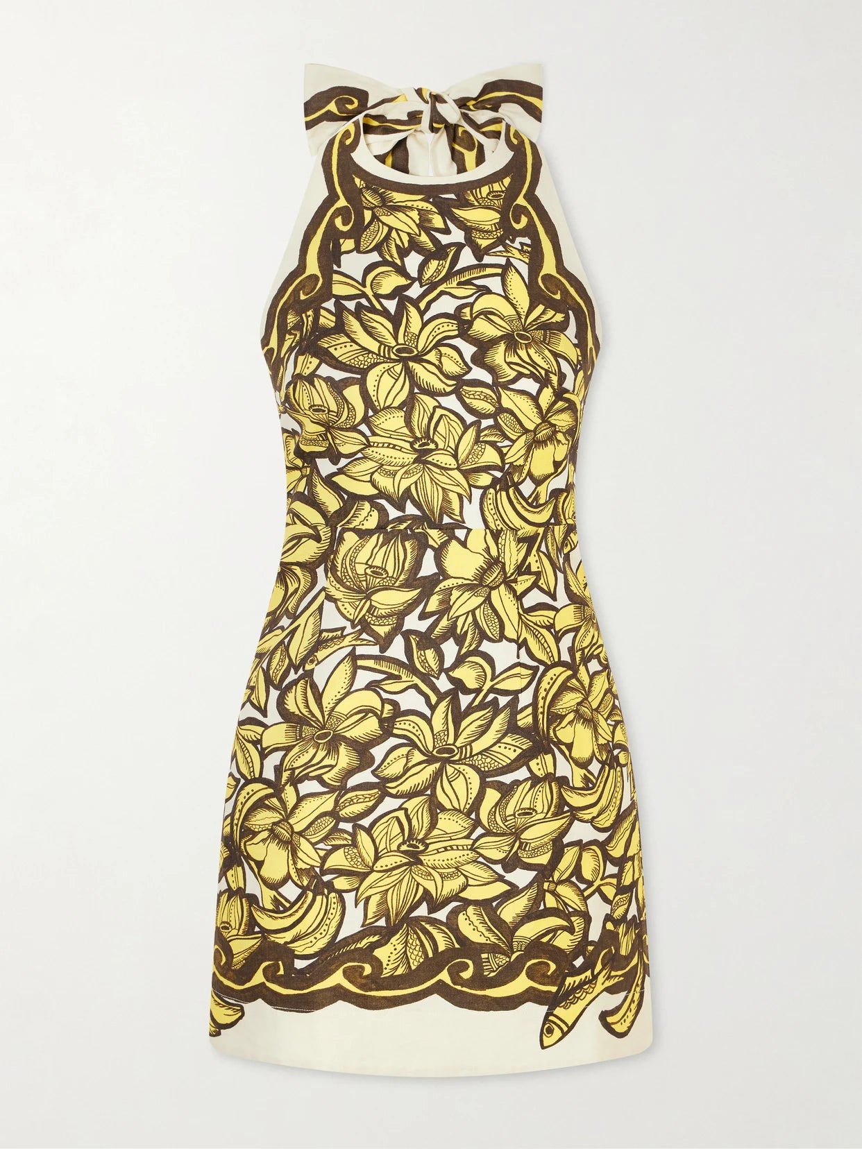 Image of Dresses. Product name - Mona Floral-print Hemp Mini Dress in Yellow colour by brand - ALÉMAIS