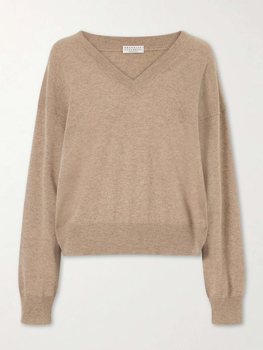 Image of a model wearing Outerwear. Product name - Cashmere Sweater in Brown colour by brand - Brunello Cucinelli