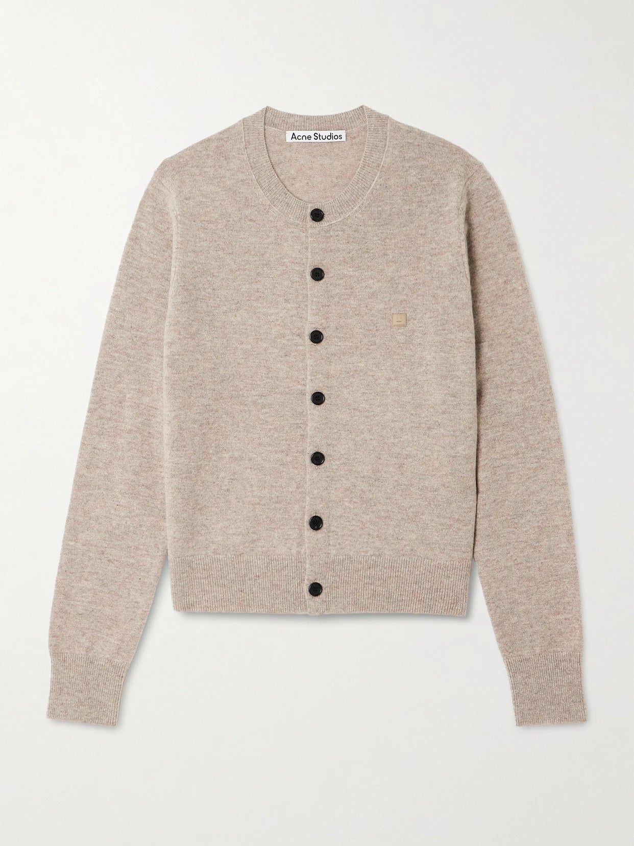 Image of a model wearing Outerwear. Product name - Appliquéd Wool And Yak Hair-blend Cardigan in Beige colour by brand - Acne Studios