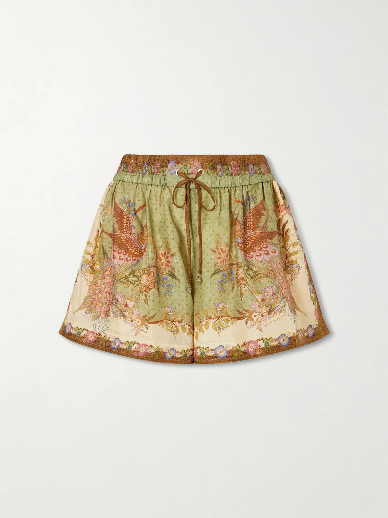 Image of a model wearing Shorts. Product name - Indra Printed Silk-satin Drawstring Shorts in Green colour by brand - Zimmermann