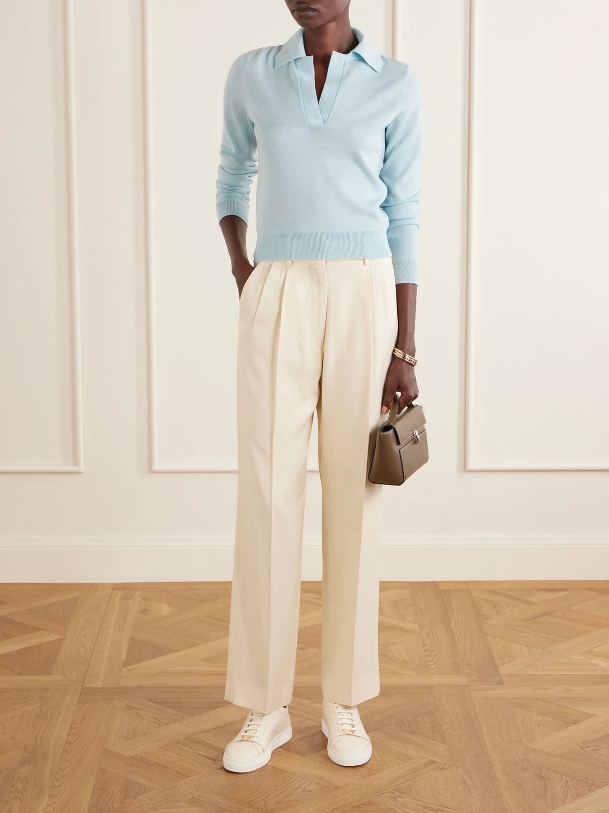 Image of Sneakers. Product name - Leather Sneakers in Ivory colour by brand - Jennifer Chamandi
