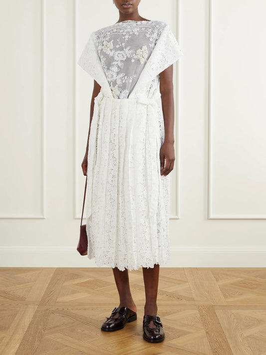 Image of Dresses. Product name - Embellished Pleated Lace Midi Dress in White colour by brand - Simone Rocha