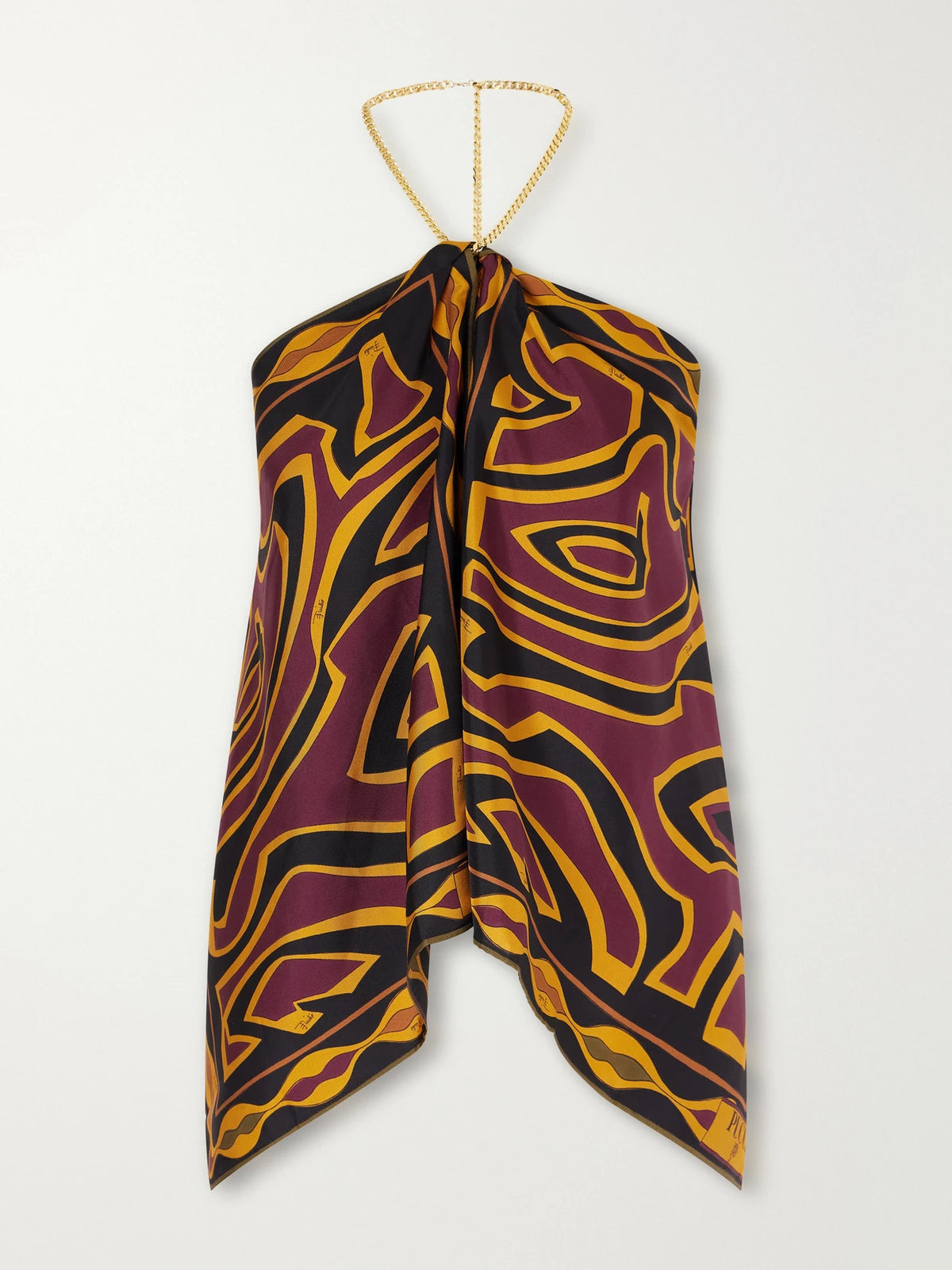 PUCCI Chain-embellished Draped Printed Silk-twill Halterneck Top