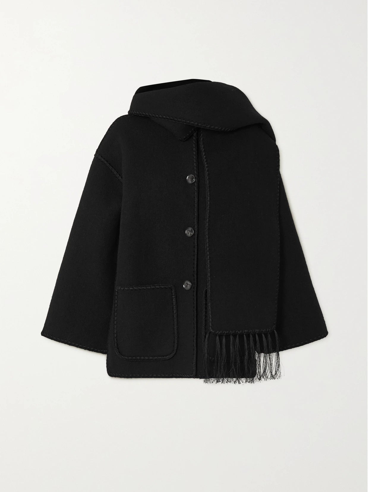 Image of Coats & Jackets. Product name - Draped Fringed Wool-blend Jacket in Black colour by brand - TOTEME