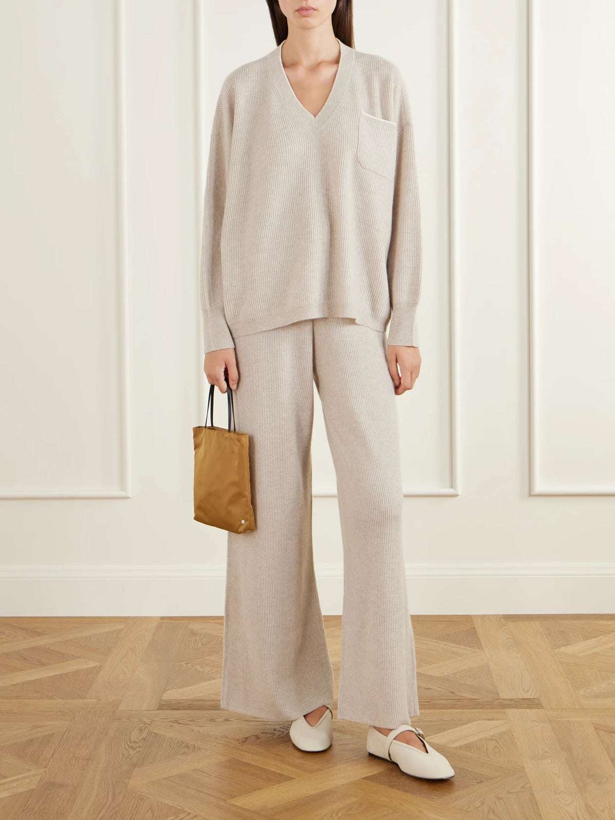 Image of Sleepwear & Loungewear. Product name - Partridges Ribbed Cashmere Sweater And Pants Set in Sand colour by brand - Arch4