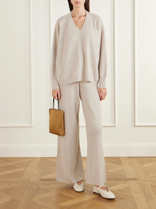 Image of Sleepwear & Loungewear. Product name - Partridges Ribbed Cashmere Sweater And Pants Set in Sand colour by brand - Arch4