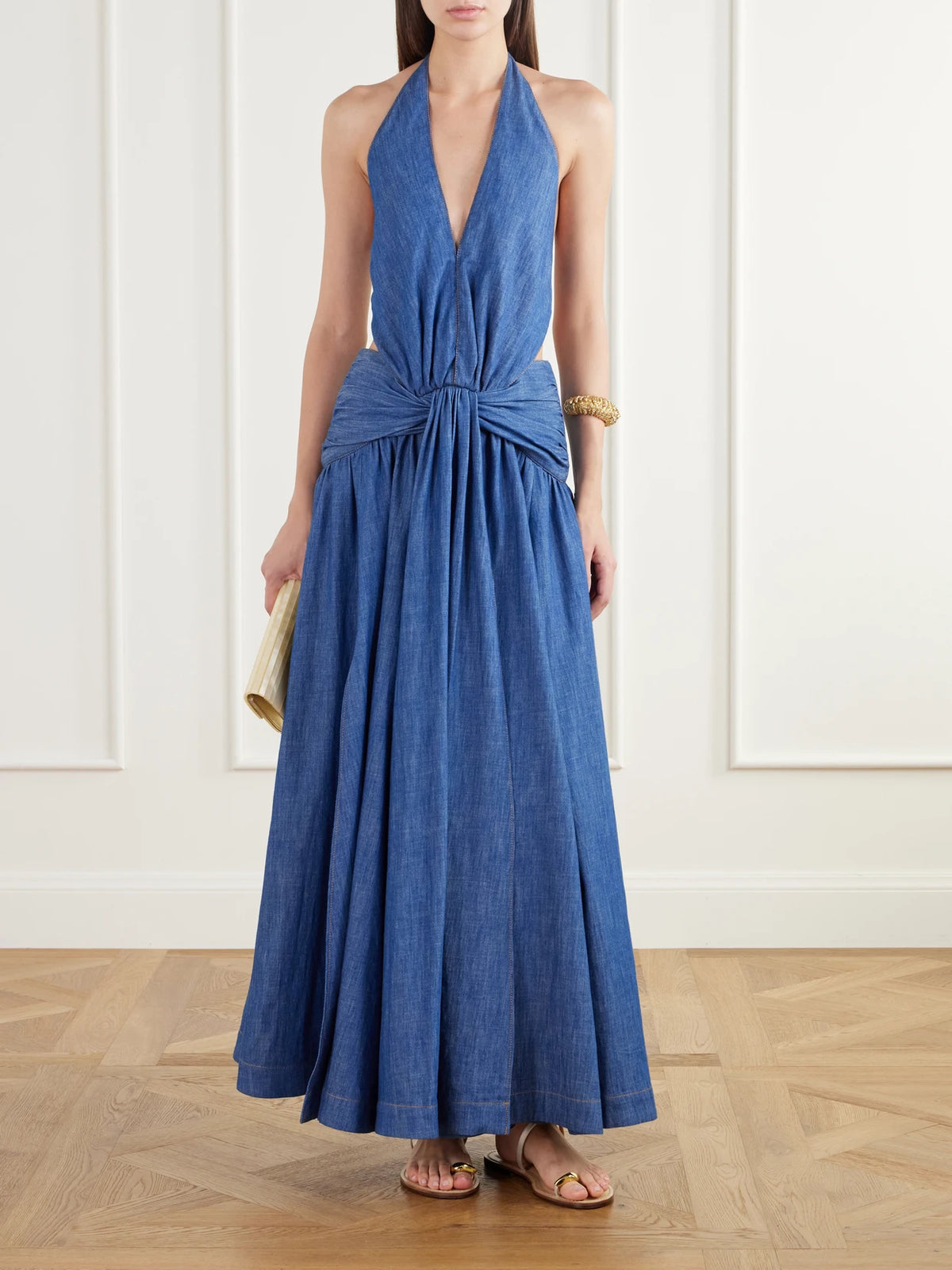 Image of Dresses. Product name - Gathered Denim Halterneck Maxi Dress in Blue colour by brand - Zimmermann