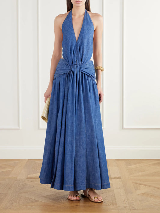 Image of Dresses. Product name - Gathered Denim Halterneck Maxi Dress in Blue colour by brand - Zimmermann