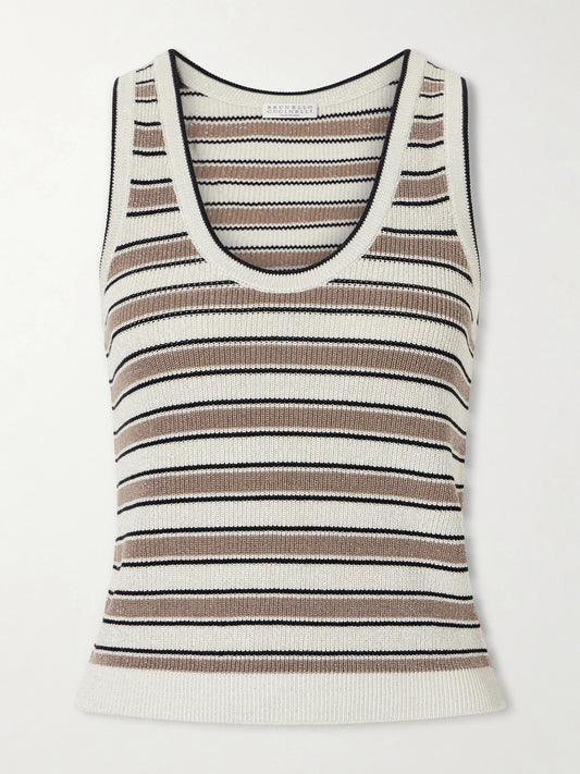 Image of a model wearing Tops. Product name - Striped Cotton-blend Top in Beige colour by brand - Brunello Cucinelli