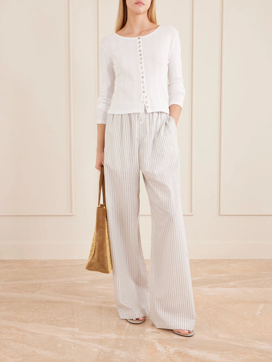 Image of a model wearing Tops. Product name - Pointelle-knit Cotton-jersey Cardigan in White colour by brand - RÓHE