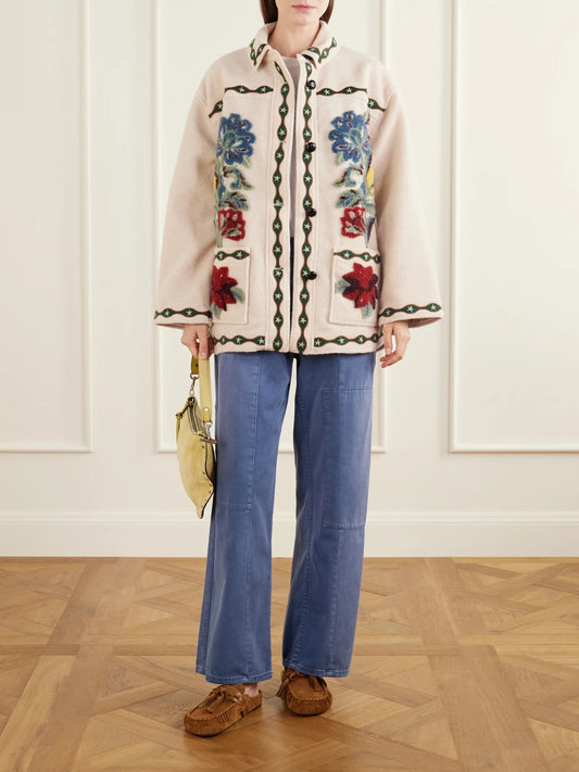 Image of Coats & Jackets. Product name - Embroidered Tufted Fleece Coat in Cream colour by brand - Farm Rio
