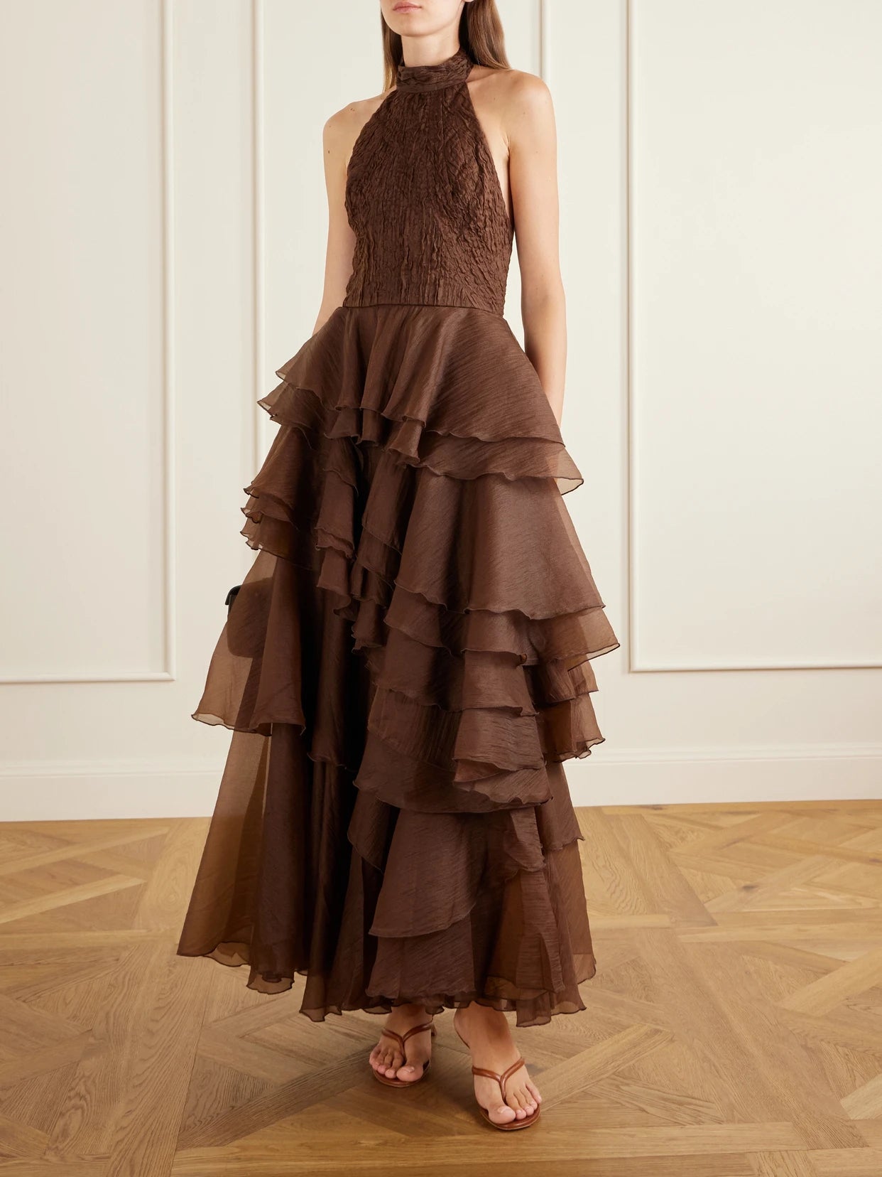 Image of Dresses. Product name - Fayette Tiered Ruffled Crepon Halterneck Gown in Brown colour by brand - Aje