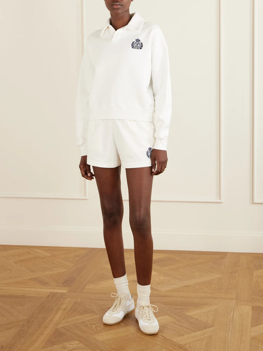 Image of Sleepwear & Loungewear. Product name - Embroidered Ribbed-detail Cotton Sweatshirt in White colour by brand - Sporty & Rich
