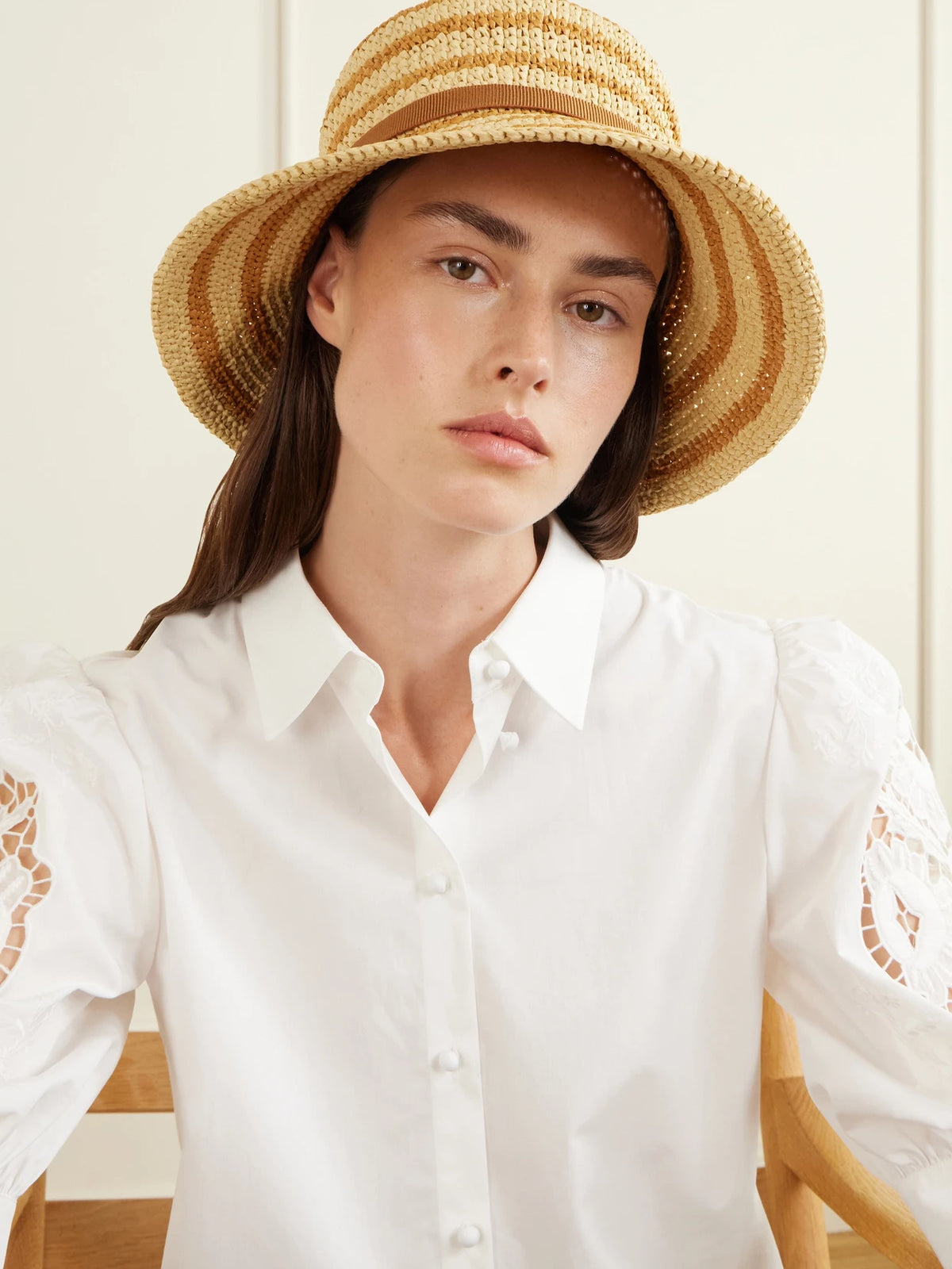 Image of Hats. Product name - Vlogo Raffia-effect Bucket Hat in Neutral colour by brand - Valentino Garavani