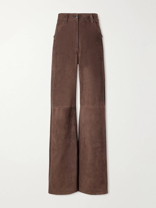 Image of a model wearing Pants. Product name - Mid-rise Straight-leg Suede Pants in Brown colour by brand - Brunello Cucinelli