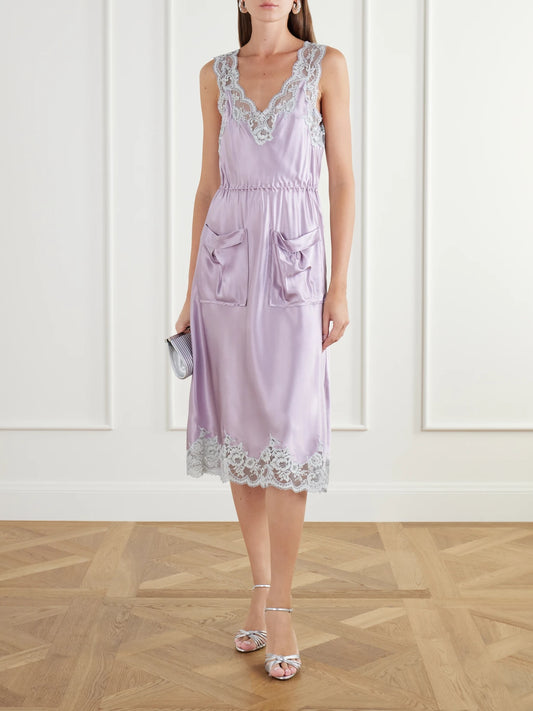 Image of Dresses. Product name - Lace-trimmed Satin Midi Dress in Lavender colour by brand - RABANNE